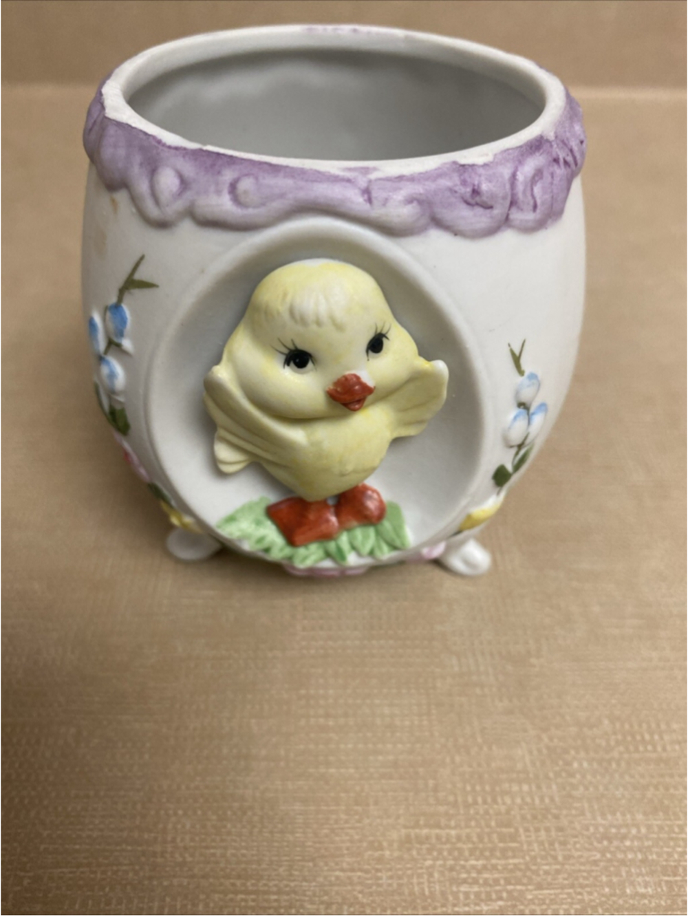 Vintage Lefton Bisque Easter Egg Planter With 3D Chick 01468